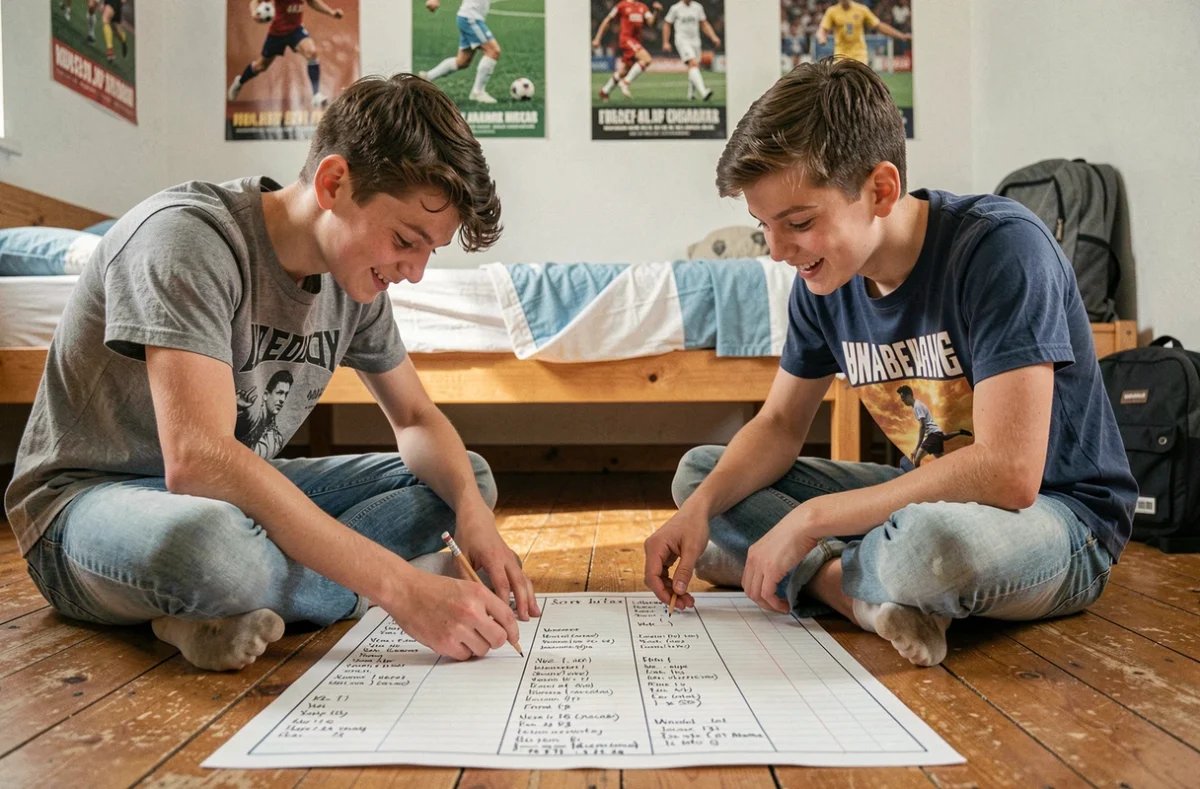 Deux adolescents jouant au jeu du baccalauréat sur une feuille papier posée au sol dans une chambre, catégories en lettre M