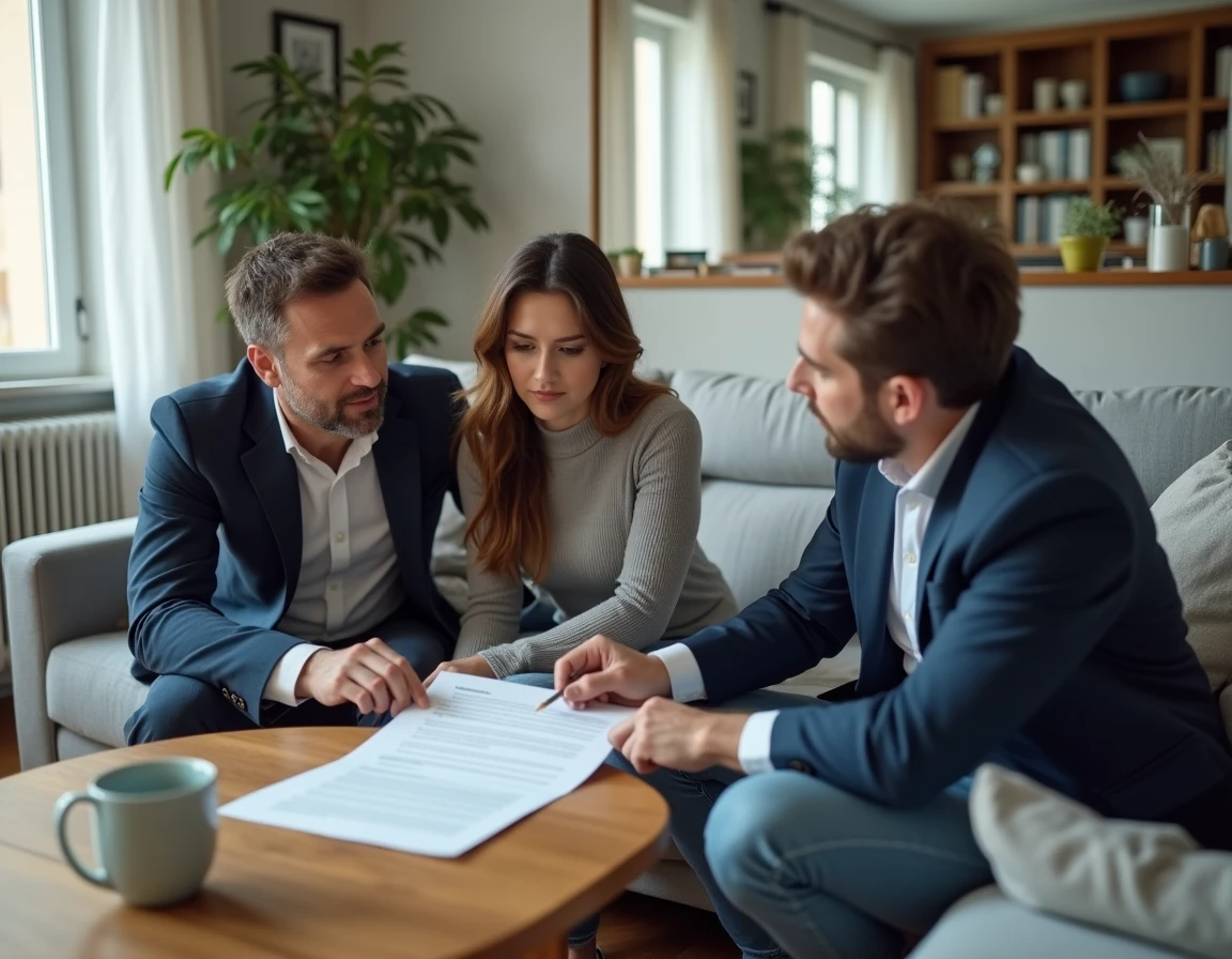 Agent d'assurance présentant une offre d'assurance habitation à un couple dans leur salon