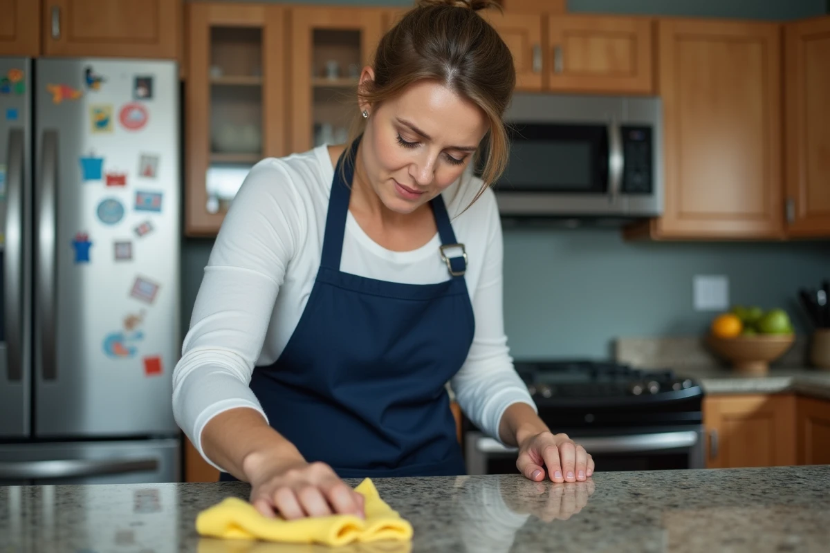 Aide-ménagère essuyant un plan de travail en granit dans une cuisine familiale