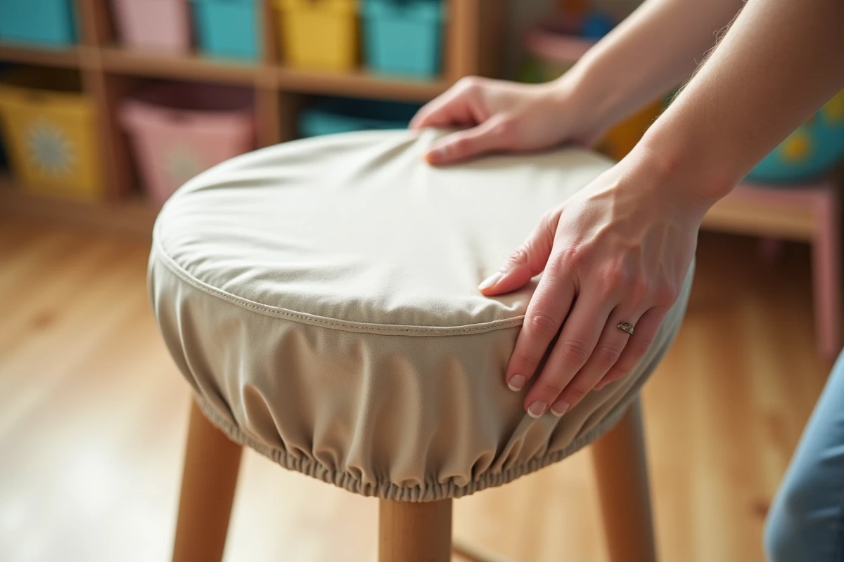 Gros plan sur des mains adultes ajustant une housse imperméable beige sur un tabouret de bar dans une salle de jeux pour enfants