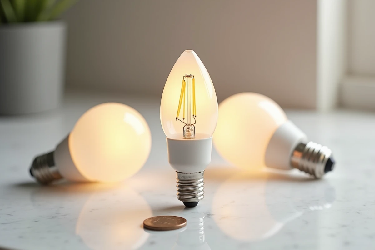 Trois ampoules LED à culot E14 de petite taille posées sur un plan de travail en marbre blanc, une allumée pour montrer sa lumière chaude