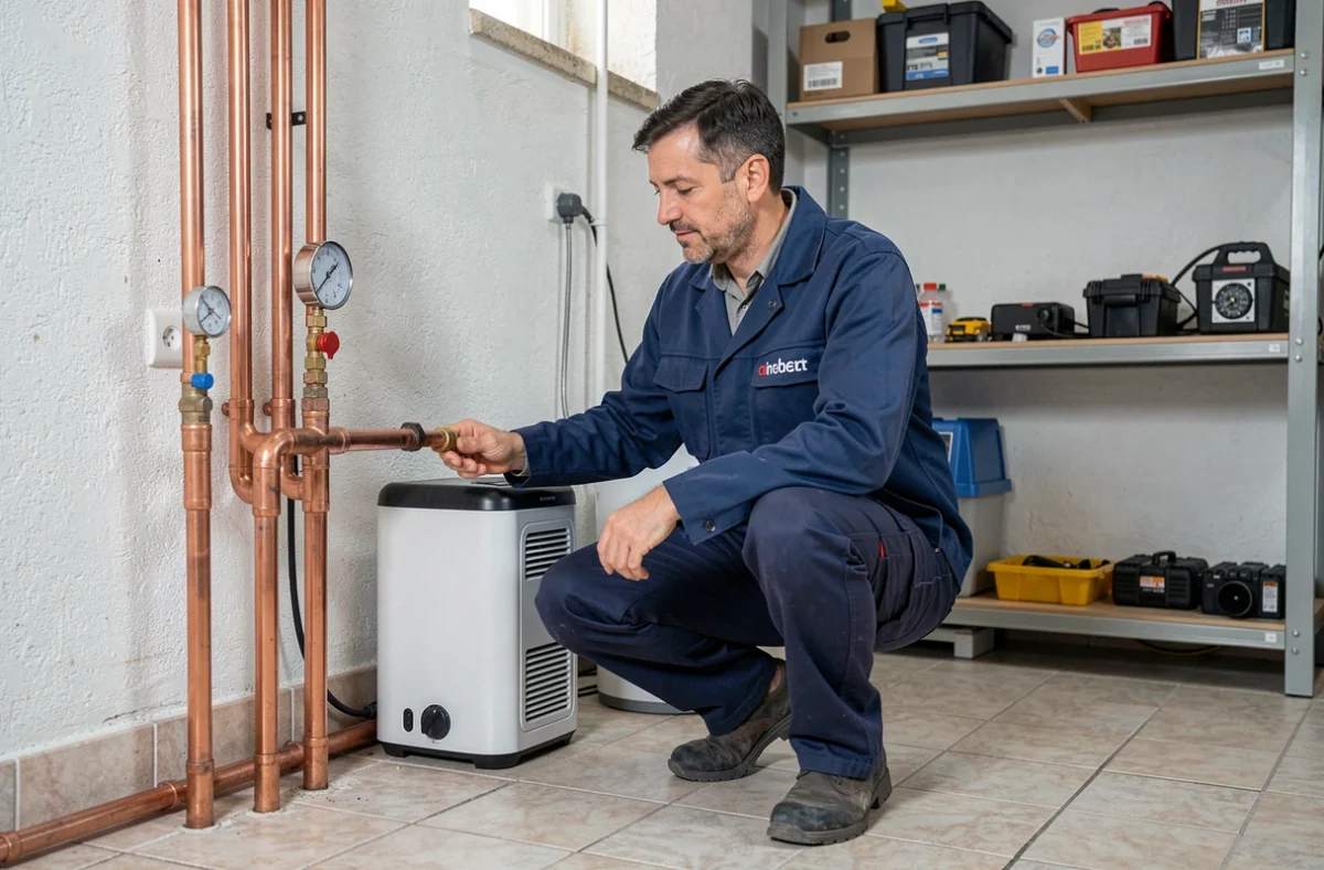 Technicien Aquacalcaire-Enr travaillant sur une installation de pompe à chaleur et traitement d'eau