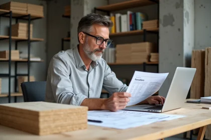 Architecte vérifiant les fiches techniques d'isolant fibre de bois Homatherm avant de valider une commande