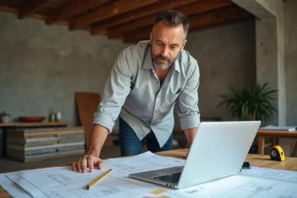 Architecte consultant des plans de rénovation avec un devis sur ordinateur portable dans un bureau professionnel