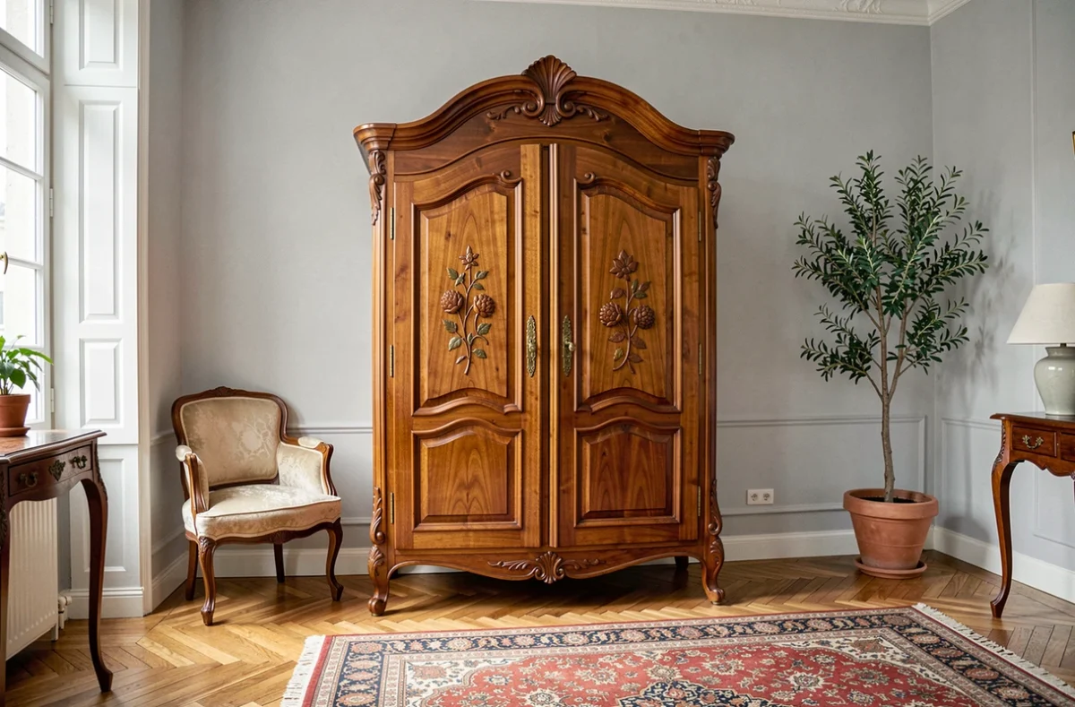 Armoire ancienne en bois restaurée avec un vernis noyer brillant dans un appartement parisien au parquet en chevrons
