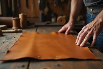 Artisan examinant un cuir pleine fleur aniline de qualité sur un établi en bois dans un atelier de maroquinerie