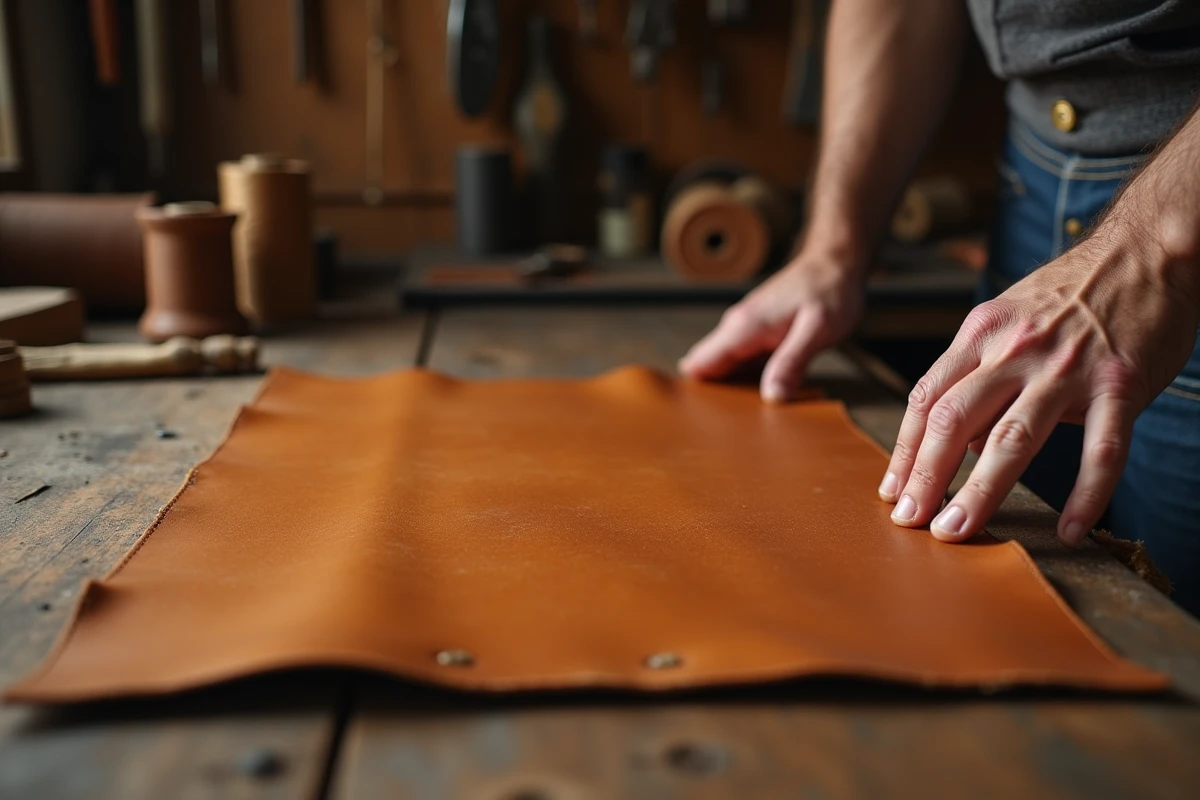 Artisan examinant un cuir pleine fleur aniline de qualité sur un établi en bois dans un atelier de maroquinerie