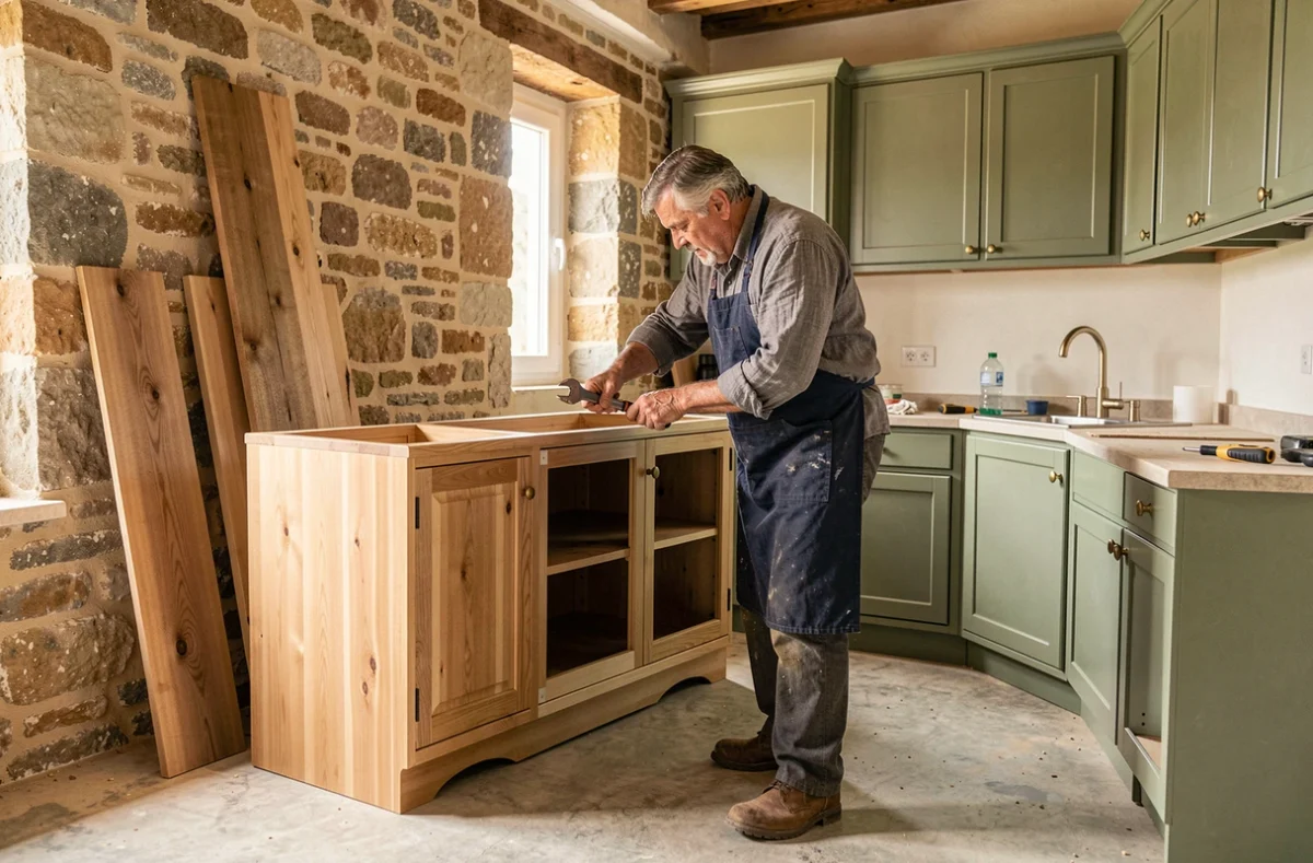 Artisan cuisiniste installant des meubles de cuisine sur mesure dans une maison en rénovation dans l'Hérault