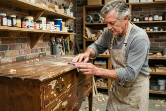 Artisan en tablier de lin ponçant une commode ancienne en bois dans un atelier de restauration rustique