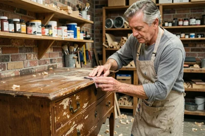 Artisan en tablier de lin ponçant une commode ancienne en bois dans un atelier de restauration rustique