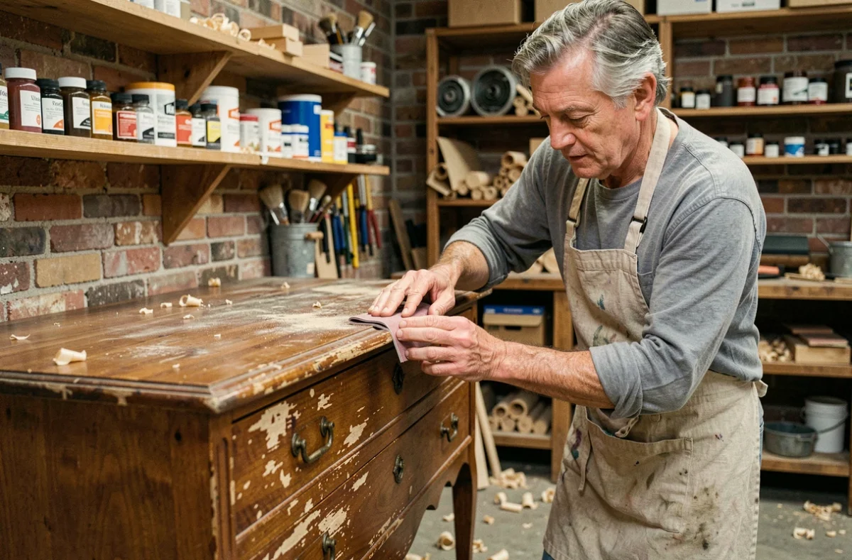 Artisan en tablier de lin ponçant une commode ancienne en bois dans un atelier de restauration rustique
