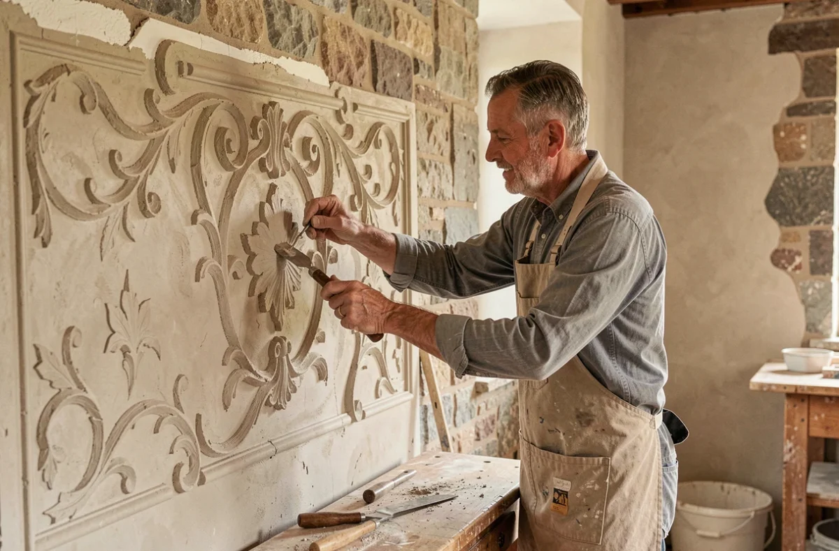 Artisan alsacien appliquant un enduit décoratif traditionnel sur un mur rénové dans un bâtiment historique de Mulhouse pour Les Artisans D'Alsace