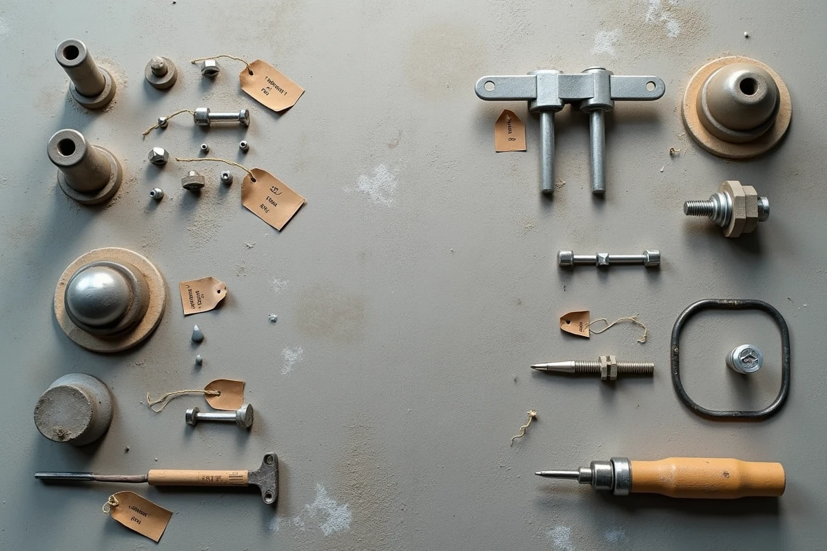 Assortiment de chevilles classées par type sur une surface en béton avec étiquettes manuscrites