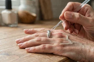 Femme appliquant du vernis à ongles transparent à l'intérieur d'une bague trop grande pour la resserrer, astuce maison sur table en bois