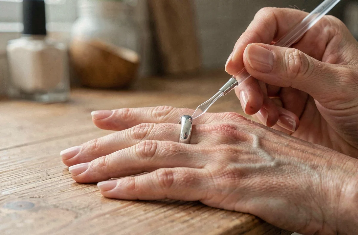 Femme appliquant du vernis à ongles transparent à l'intérieur d'une bague trop grande pour la resserrer, astuce maison sur table en bois