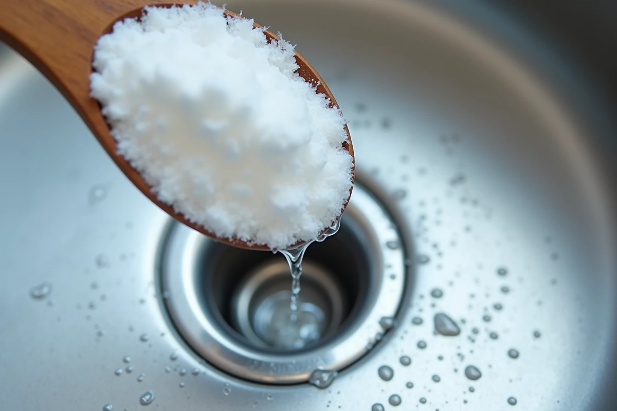 Gros plan de bicarbonate de soude versé sur le siphon d'un évier de salle de bain avec début de réaction effervescente