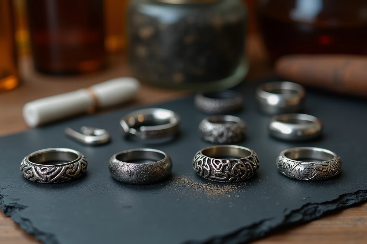 Bijoux en argent noirci par le soufre en cours de nettoyage avec une pâte maison sur une ardoise dans un atelier de joaillier