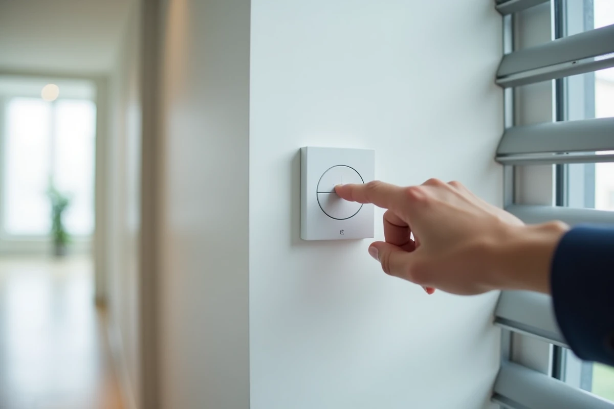 Gros plan d'une main appuyant sur le bouton de programmation d'un module mural Somfy RTS dans un couloir d'appartement