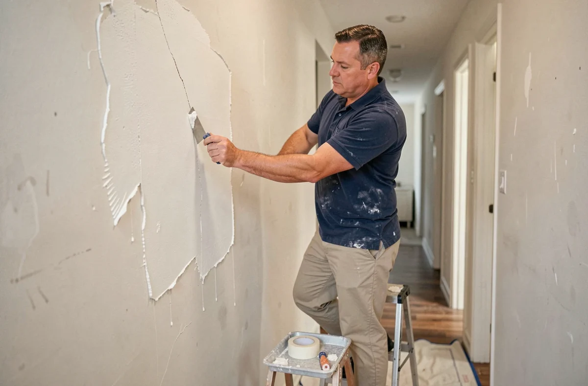 Homme débutant en bricolage appliquant de l'enduit sur une fissure murale dans un couloir avec couteau à enduire et bâche de protection