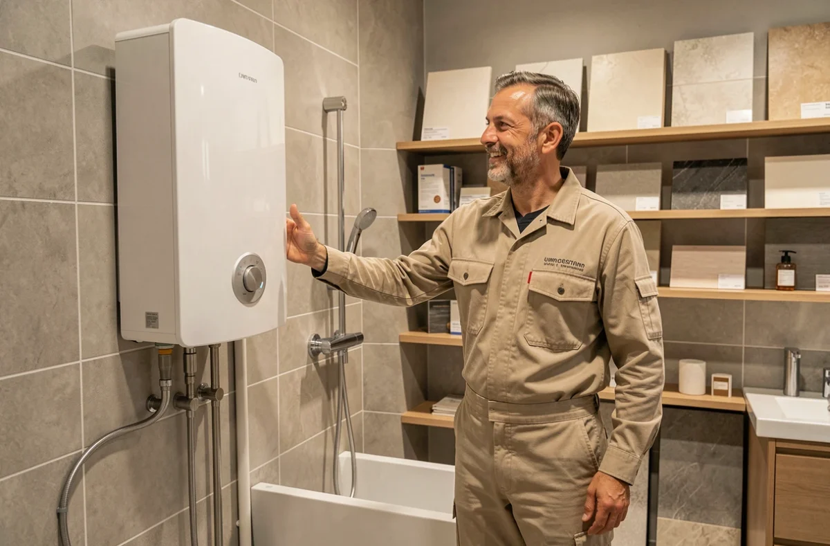 Spécialiste de Brotteaux Sanitaire présentant un chauffe-eau thermodynamique dans un showroom lyonnais