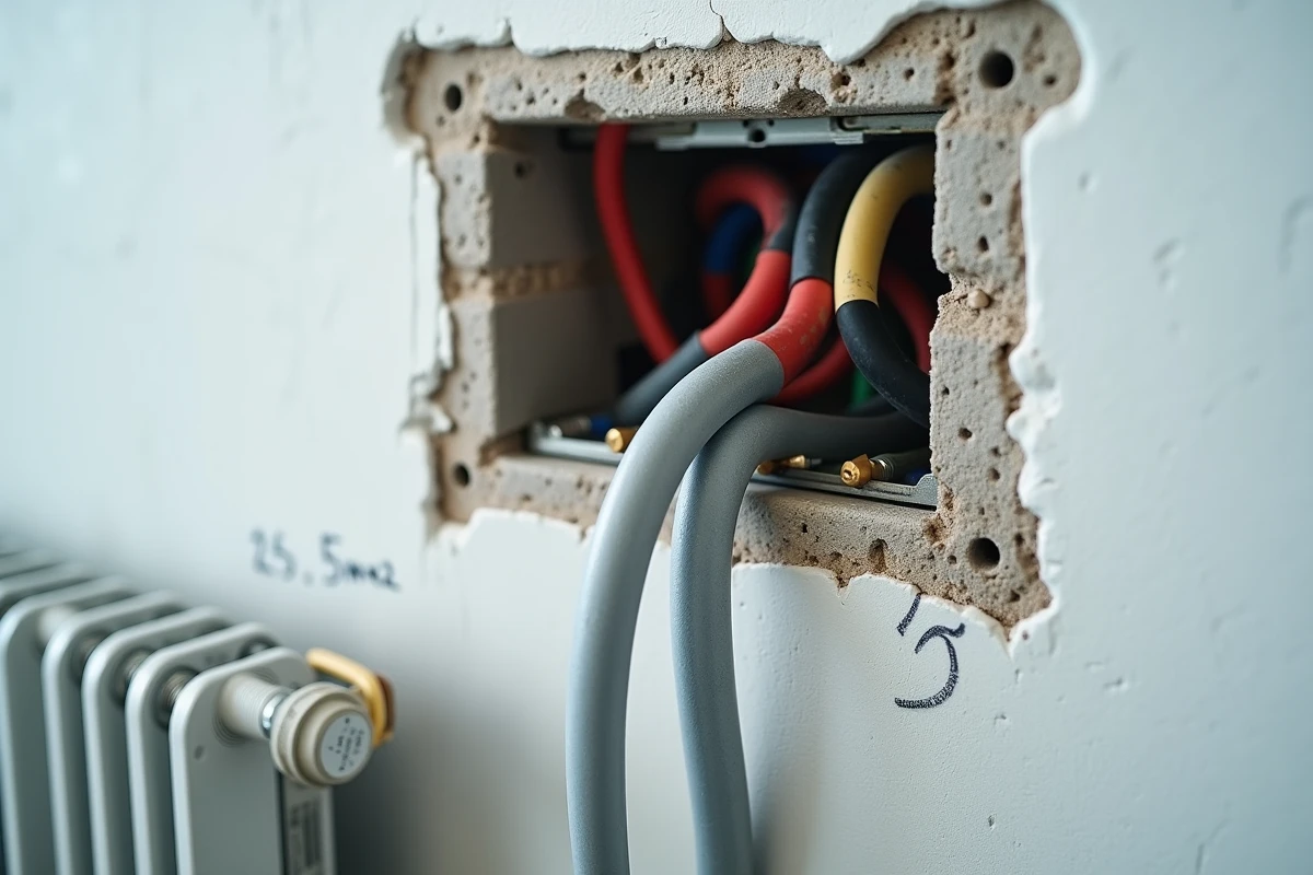 Câble électrique 2.5mm² raccordé dans un boîtier de dérivation pour radiateur électrique