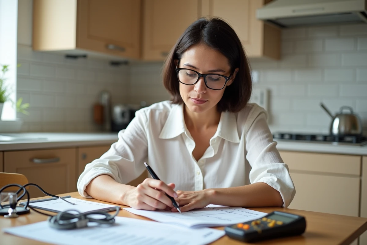 Femme calculant la section de câble pour radiateur électrique selon la distance d'installation
