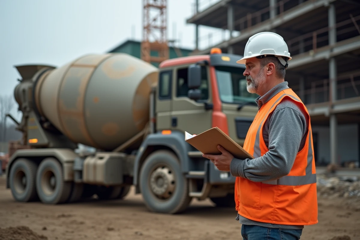 Camion toupie béton sur un chantier de construction avec un ouvrier consultant un devis de prix au m3