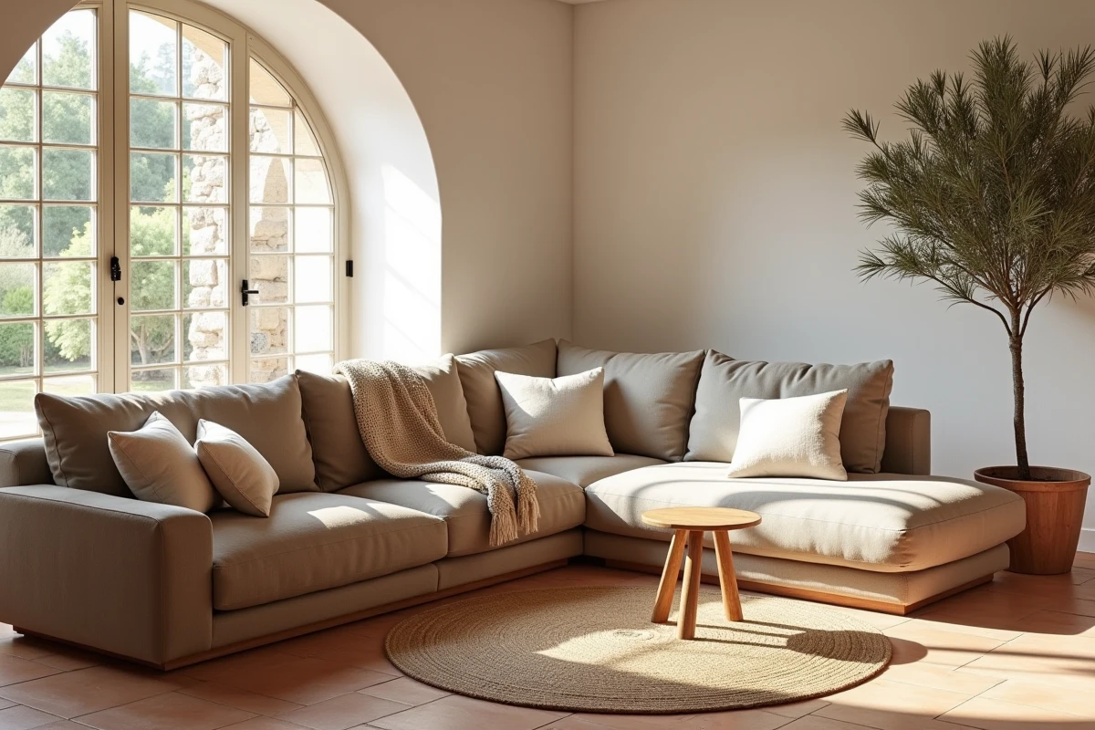 Canapé d'angle confortable en tissu taupe dans un salon de style provençal avec sol en tomettes et portes-fenêtres