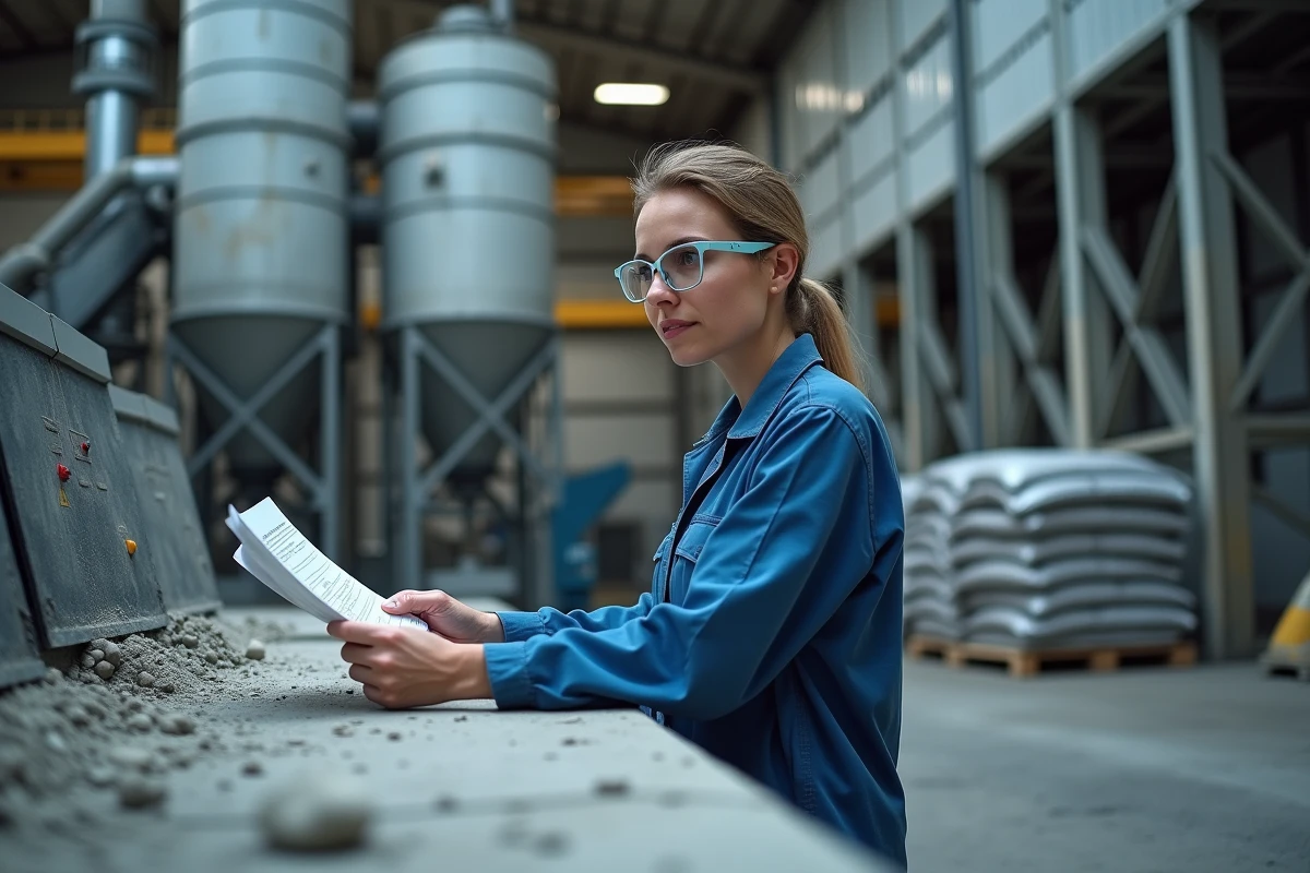Centrale à béton avec technicienne vérifiant les paramètres de production influençant le prix du béton au m3