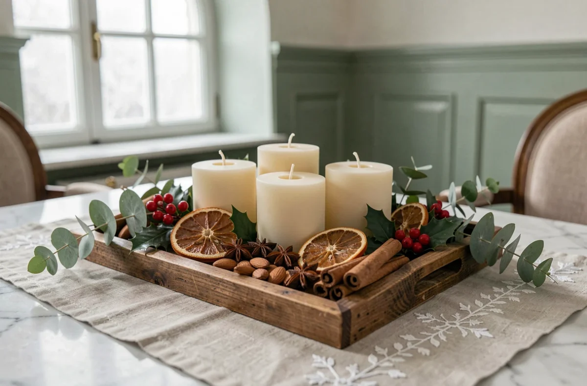 Centre de table de Noël rustique avec bougies en cire, branches d'eucalyptus, oranges séchées et bâtons de cannelle sur un plateau en bois