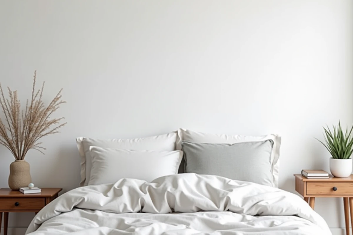 Chambre apaisante avec papier peint intissé blanc lisse au mur, literie en coton gris et blanc et table de chevet en bois