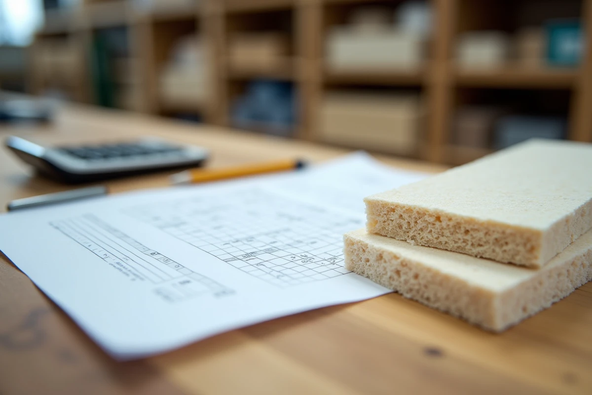 Check-list de calcul pour isolant fibre de bois Homatherm posée sur un établi avec échantillon de panneau isolant