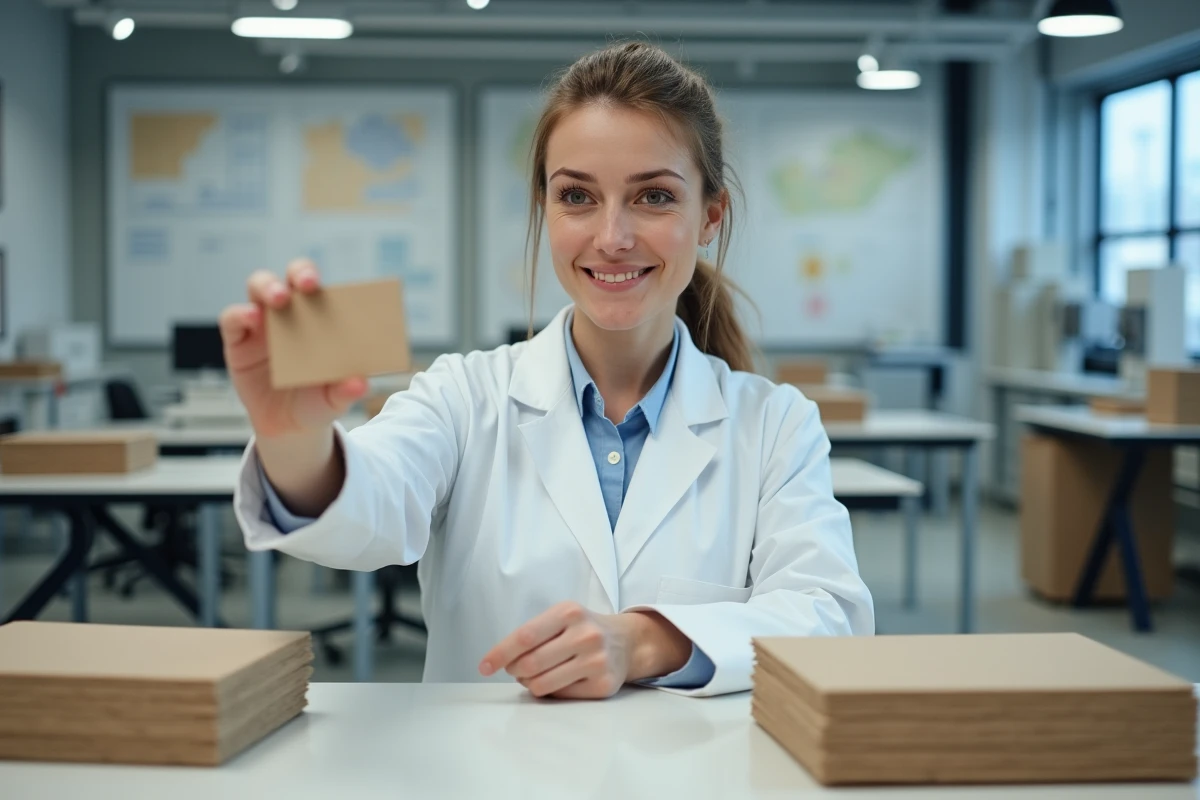 Chercheuse en laboratoire examinant un échantillon de carton
