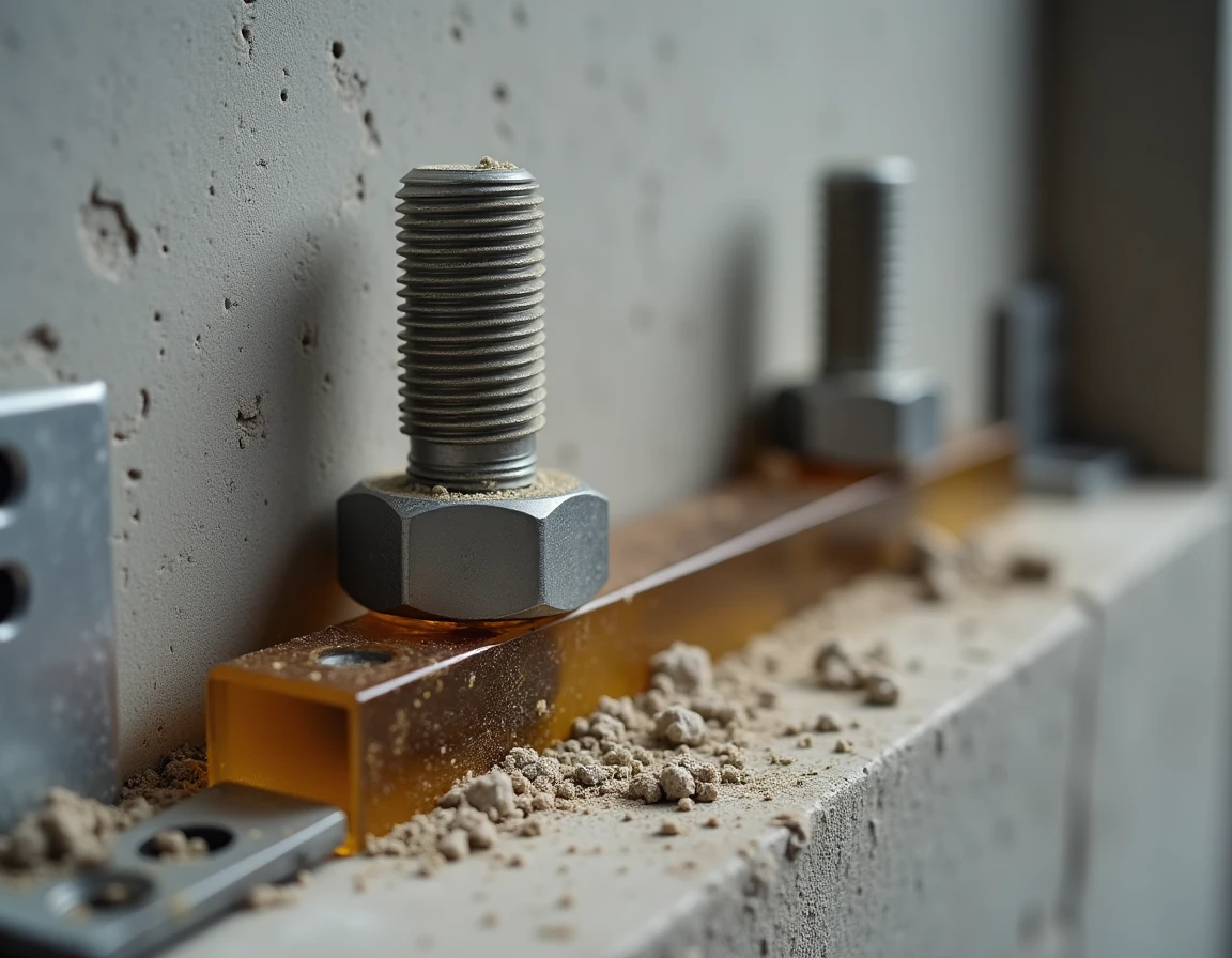 Gros plan sur des chevilles chimiques en résine fixées dans un mur en béton pour support de chauffe-eau