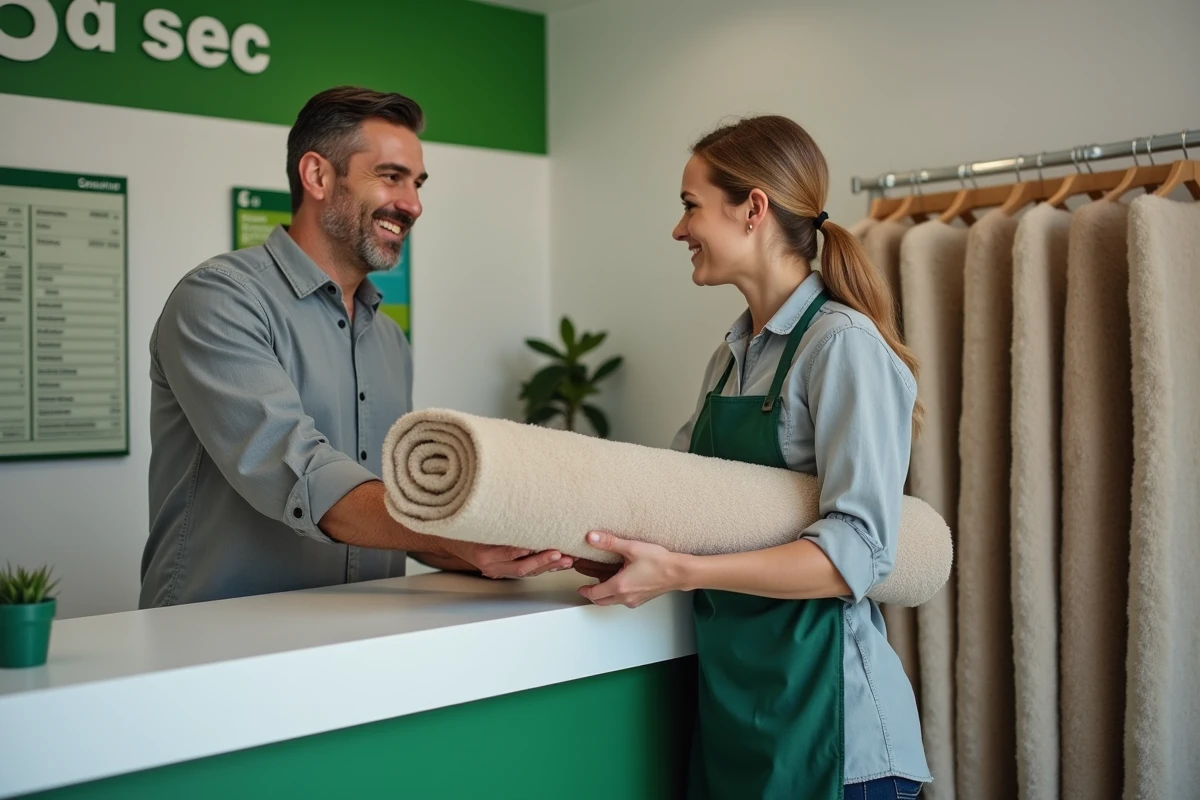 Client déposant un tapis roulé au comptoir d'un magasin 5 à sec pour un nettoyage professionnel tarifé