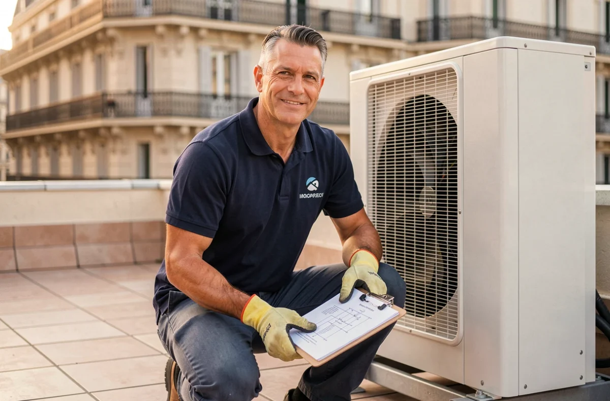 Technicien de Clim Confort Lyon inspectant une pompe à chaleur sur une terrasse lyonnaise