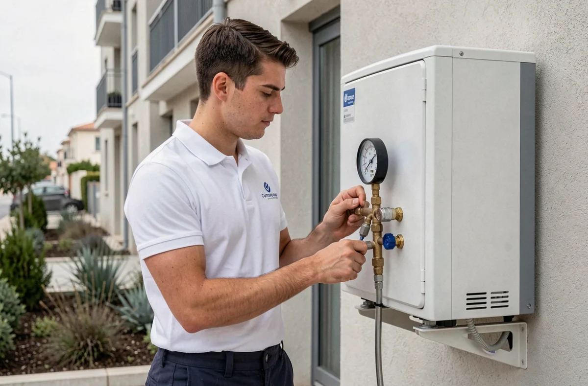 Technicien Clim Propre vérifiant la pression d'un système de pompe à chaleur avec un manifold