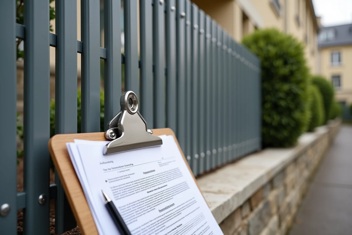 Panneau de clôture aluminium installé en limite de propriété en copropriété avec formulaire de déclaration de travaux posé sur le poteau