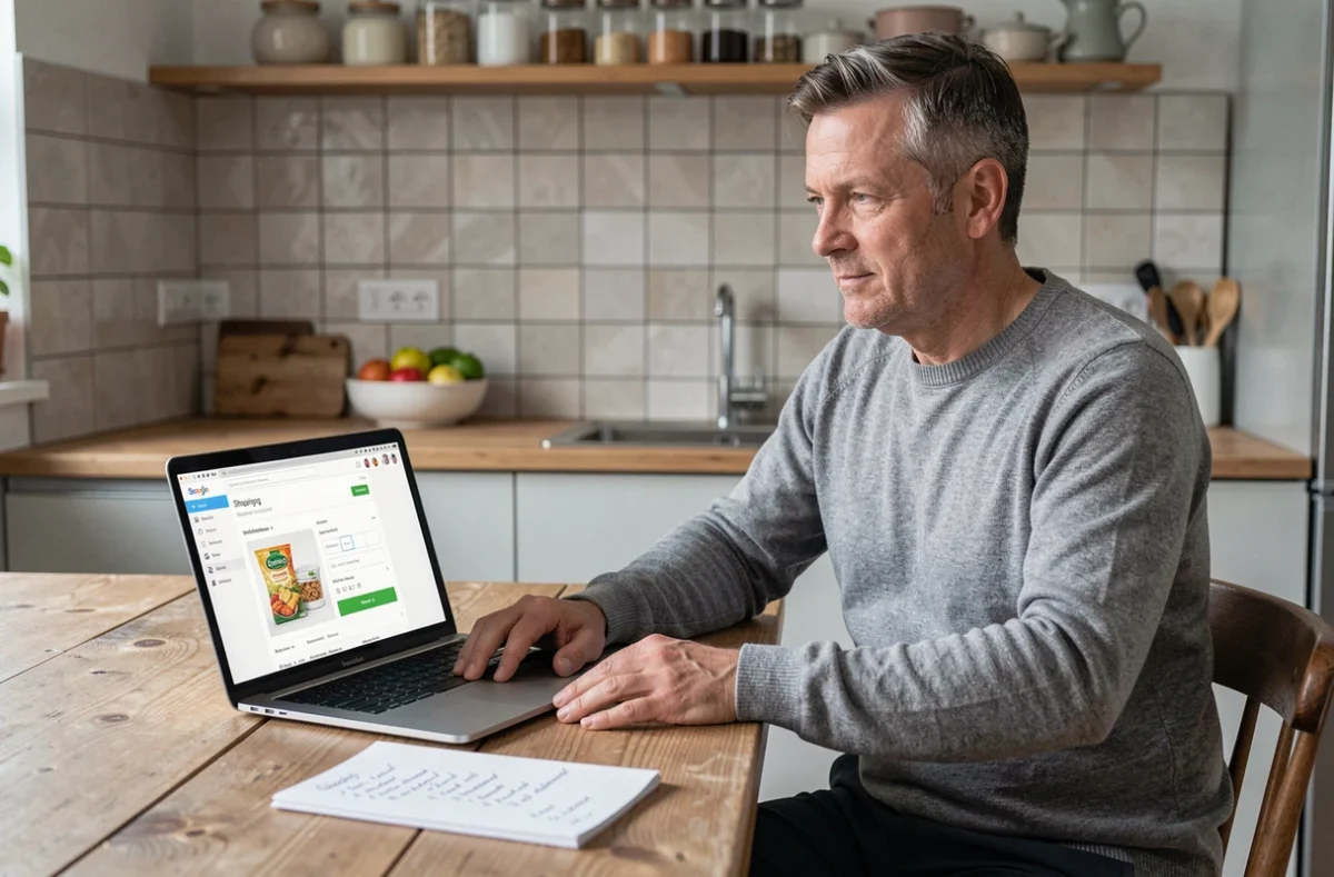 Homme commandant ses courses en ligne sur le site Carrefour depuis sa cuisine