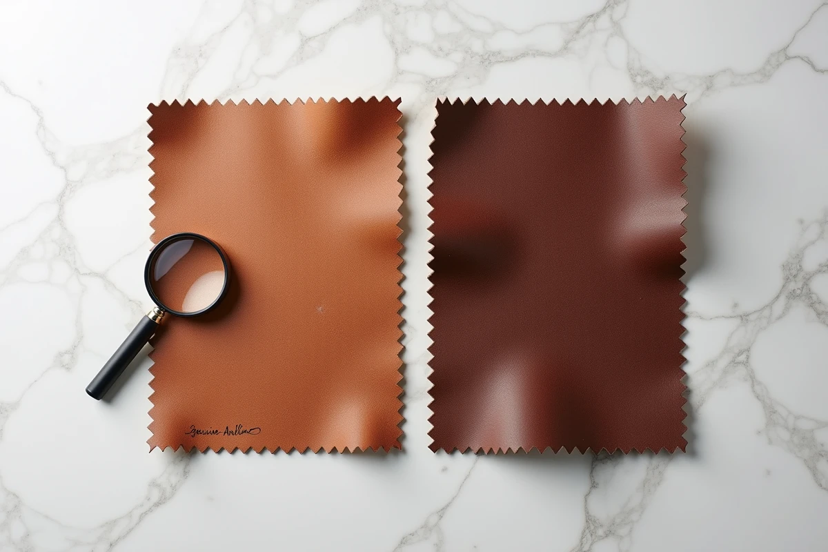 Comparaison côte à côte d'un cuir aniline pleine fleur naturel et d'un cuir corrigé pour identifier les différences de surface