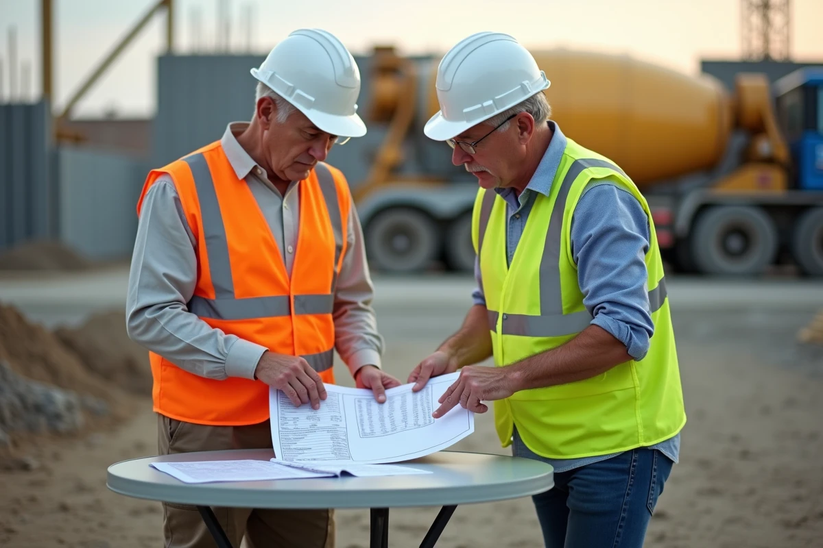 Deux professionnels du BTP comparant des devis de prix de béton au m3 de différents fournisseurs sur un chantier