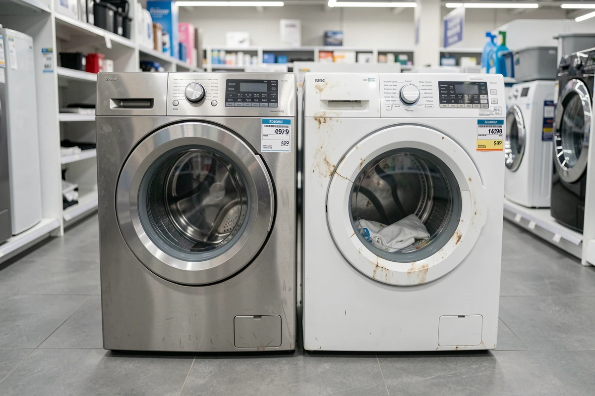 Comparaison de deux lave-linges en magasin, un en bon état et un avec des défauts visibles