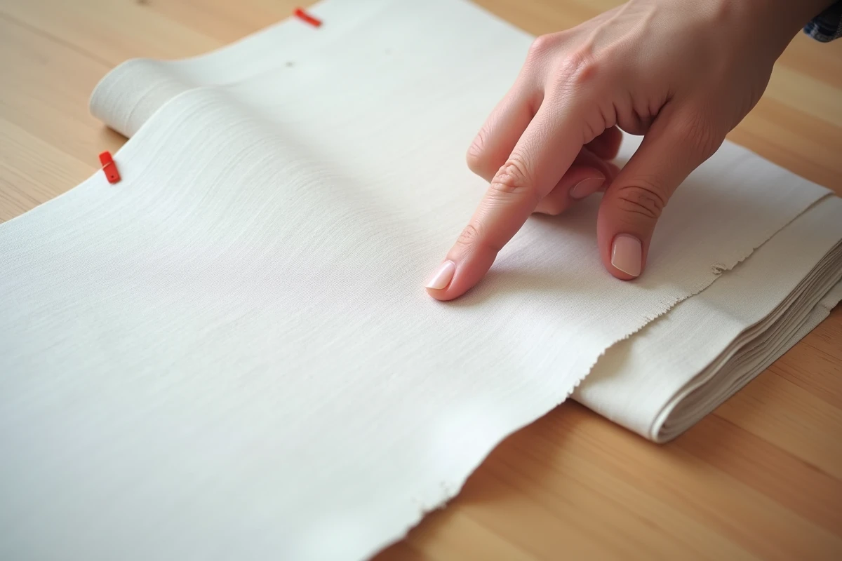 Comparaison en gros plan de deux échantillons de papier peint intissé blanc, effet lisse et effet lin, posés sur un établi en bois