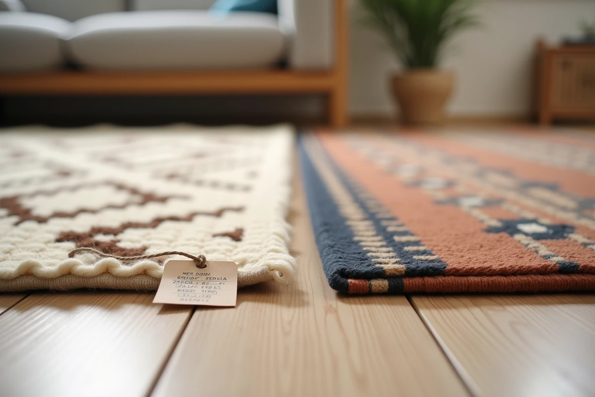 Comparaison de deux tapis aux fibres différentes avec étiquettes de tarif pour illustrer le calcul du prix de nettoyage