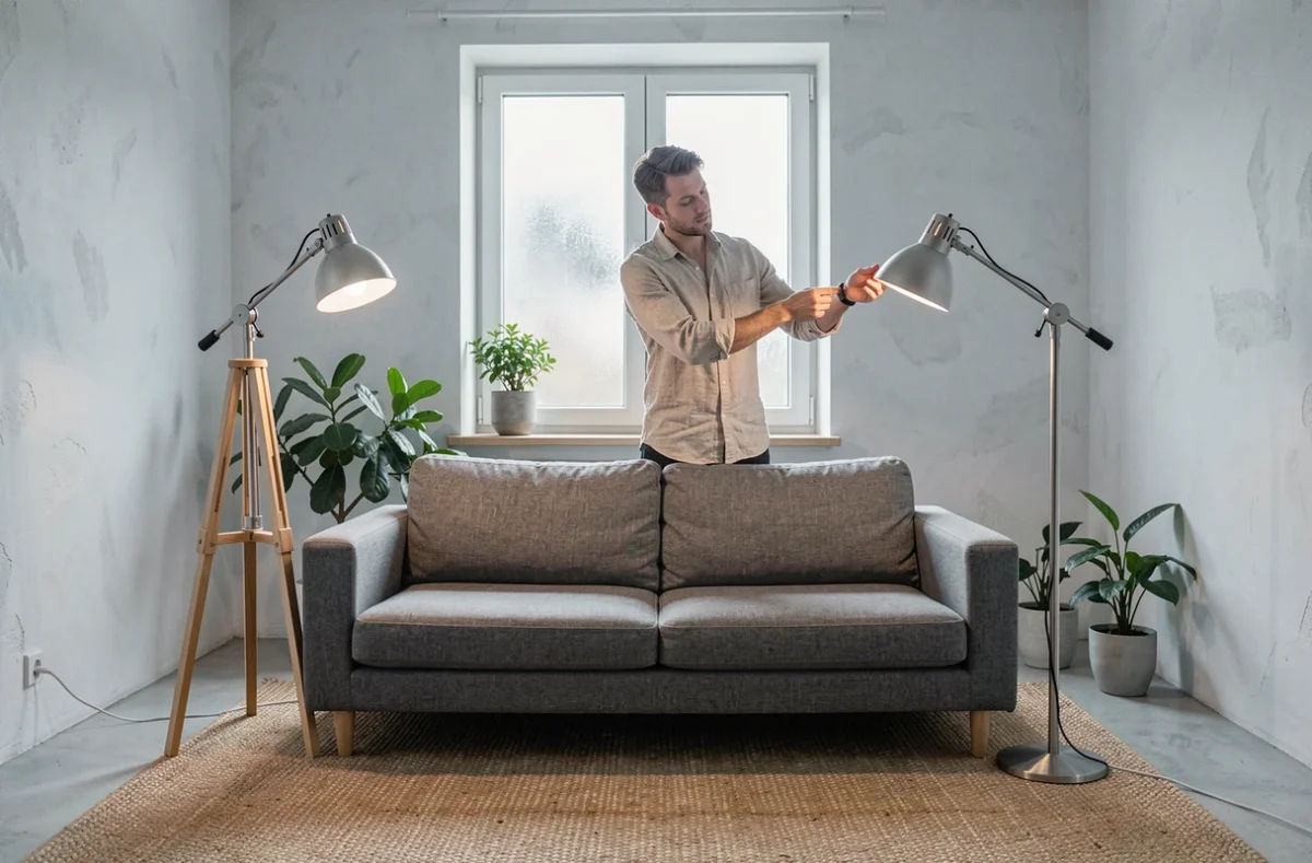 Deux modèles de lampes halogènes sur pied réglables comparés dans un salon de style scandinave minimaliste