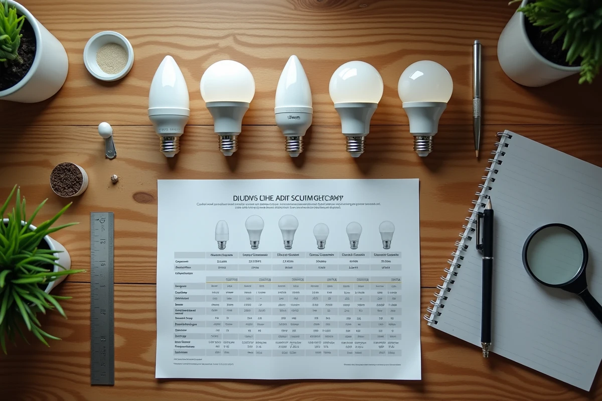 Vue à plat de différents modèles d'ampoules LED à petit culot avec tableau comparatif et règle sur un bureau en bois