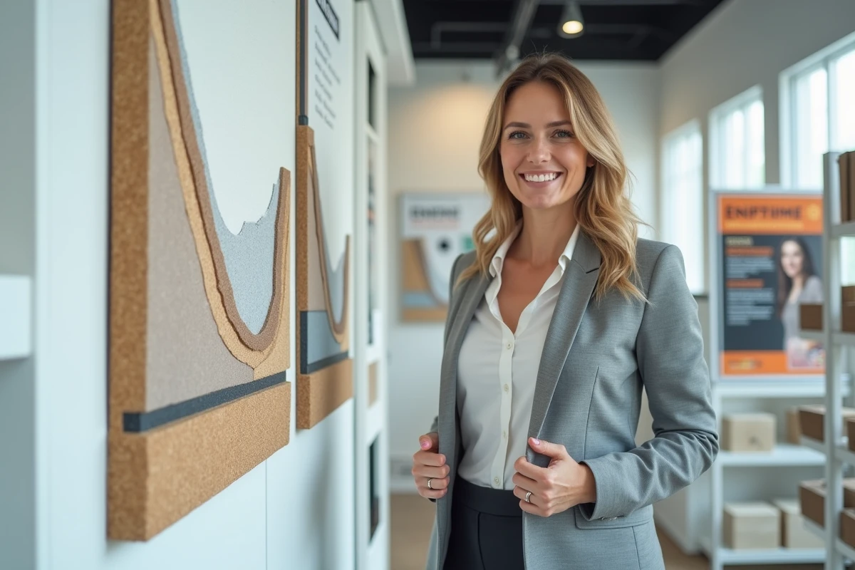 Conseillère en rénovation présentant des échantillons d'isolation mur intérieur dans un showroom de matériaux