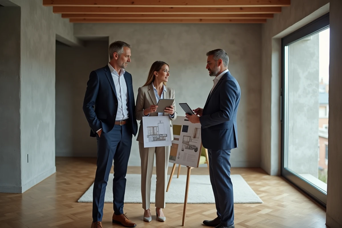 Réunion de consultation entre un décorateur d'intérieur et ses clients dans un appartement en cours de rénovation