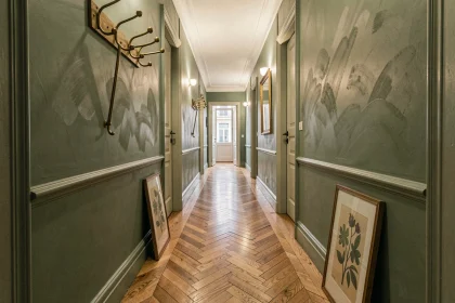 Couloir étroit dans un appartement haussmannien avec peinture vert sauge mate et parquet en point de Hongrie