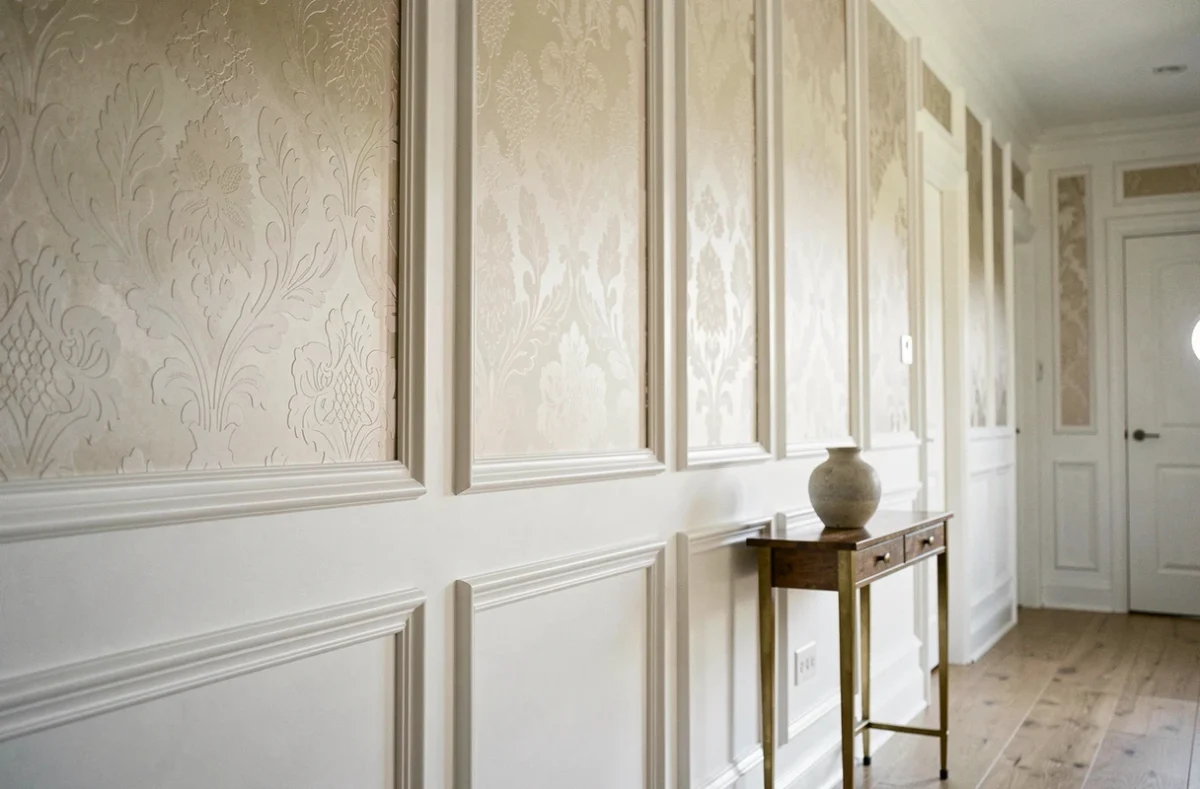 Couloir élégant avec papier peint blanc en caissons de moulures peintes et console en laiton